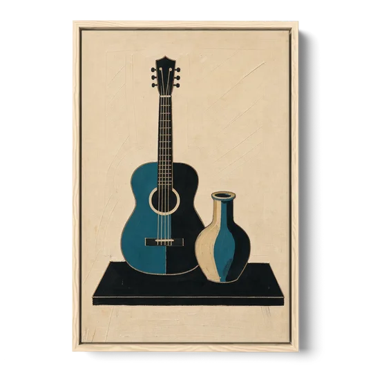 Cubist Still Life Painting of Guitar and Vase - Oak Framed Canvas Wall Art - Front