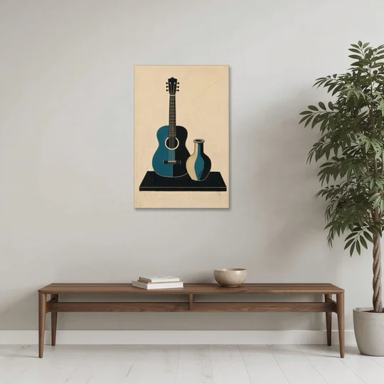 Cubist Still Life Painting of Guitar and Vase - Canvas Wall Art - Coffee Table - 24x36