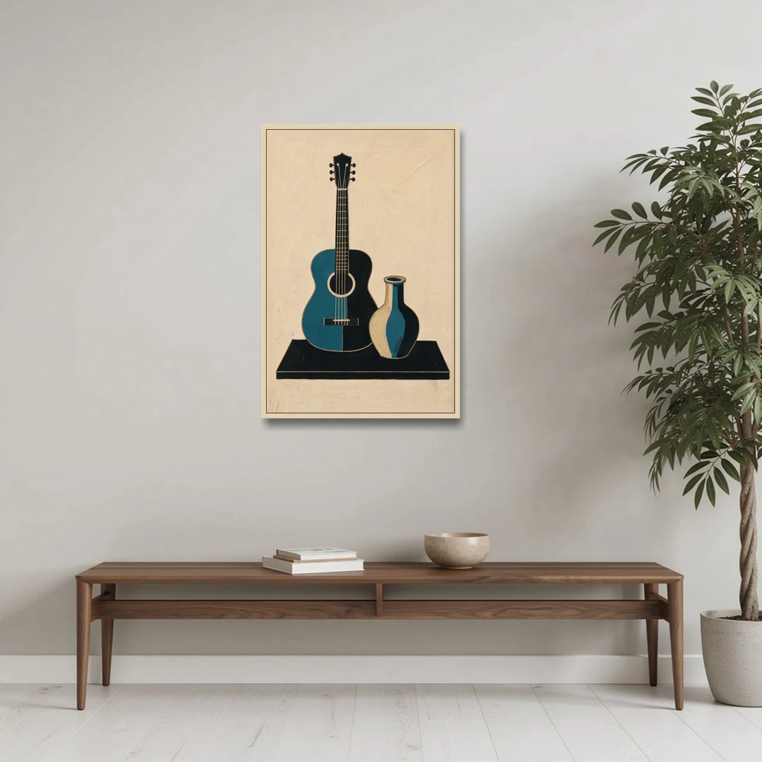 Cubist Still Life Painting of Guitar and Vase - Oak Framed Canvas Wall Art - Coffee Table - 24x36
