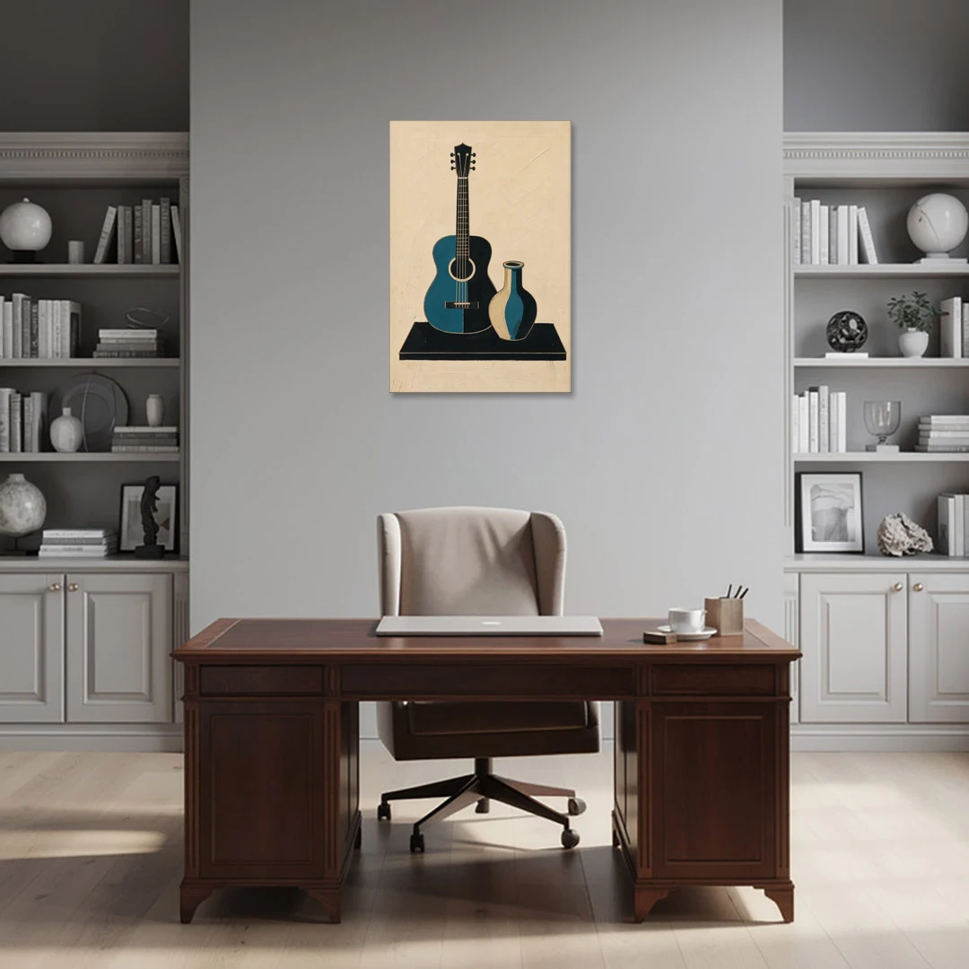 Cubist Still Life Painting of Guitar and Vase - Canvas Wall Art - Office - 24x36