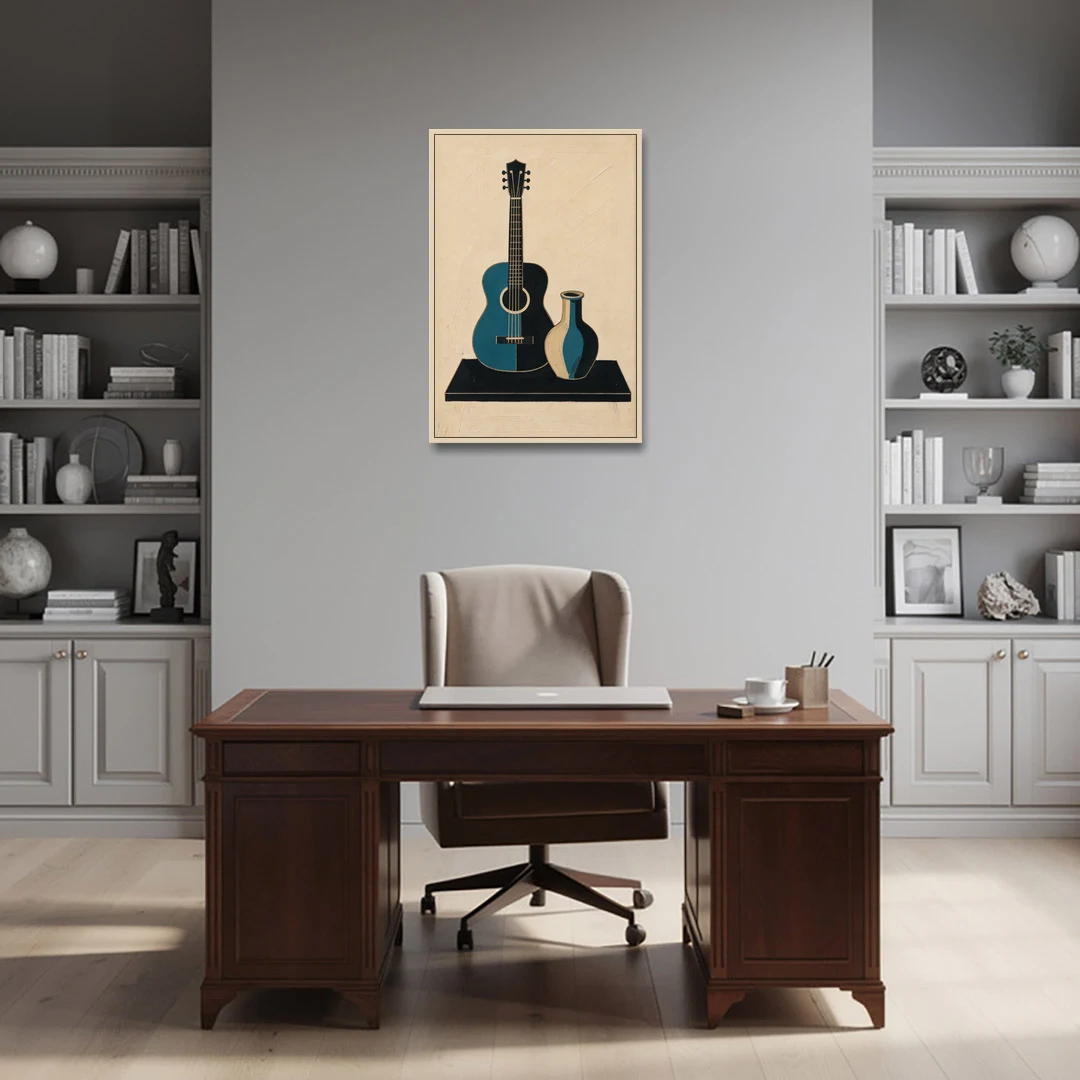 Cubist Still Life Painting of Guitar and Vase - Oak Framed Canvas Wall Art - Office - 24x36