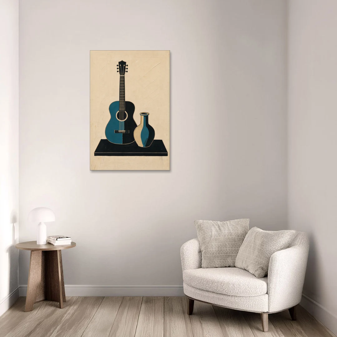 Cubist Still Life Painting of Guitar and Vase - Canvas Wall Art - Sofa - 24x36
