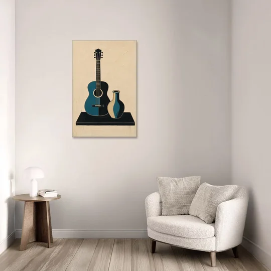 Cubist Still Life Painting of Guitar and Vase - Canvas Wall Art - Sofa - 24x36