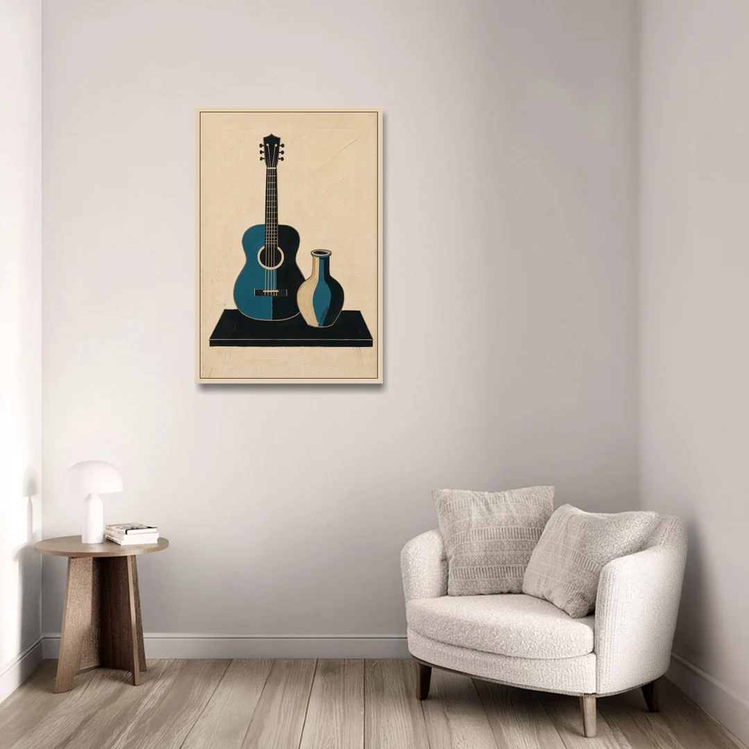 Cubist Still Life Painting of Guitar and Vase - Oak Framed Canvas Wall Art - Sofa - 24x36