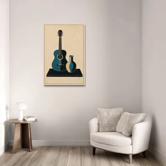 Cubist Still Life Painting of Guitar and Vase - Oak Framed Canvas Wall Art - Sofa - 24x36