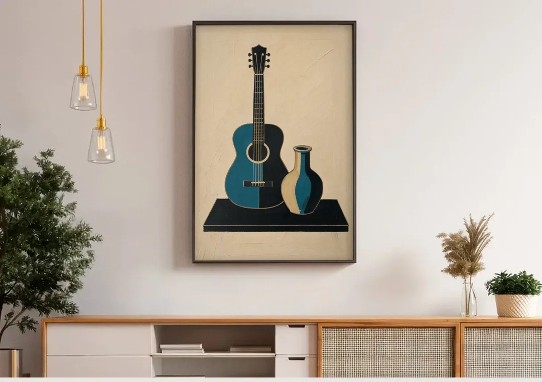 Cubist Still Life Painting of Guitar and Vase canvas wall art above a wooden sideboard under pendant lights