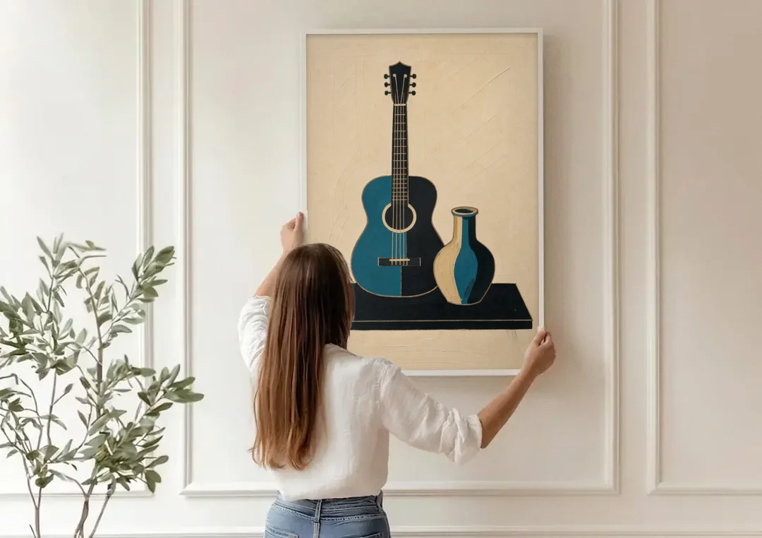Cubist Still Life Painting of Guitar and Vase canvas wall art being hung on a paneled wall