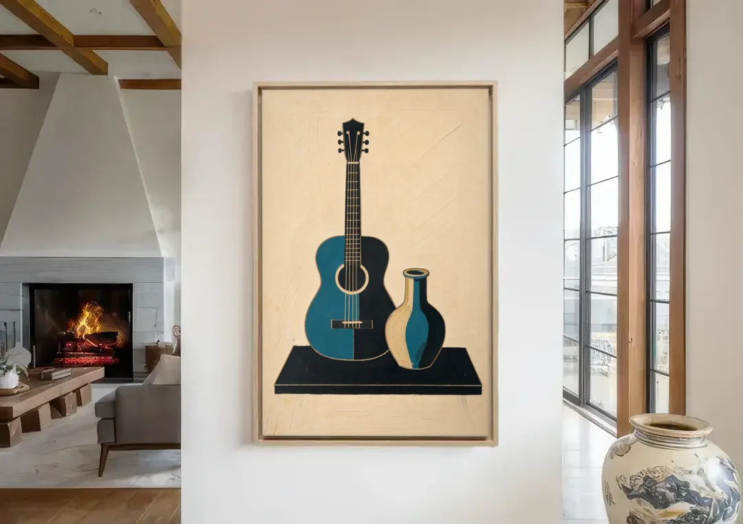 Cubist Still Life Painting of Guitar and Vase canvas wall art in a living room with a fireplace