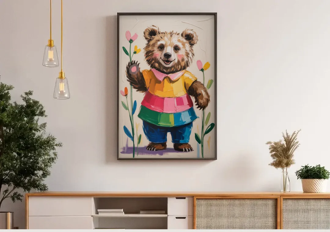 Cuddly Bear Nursery Rhyme canvas wall art above a wooden sideboard under pendant lights