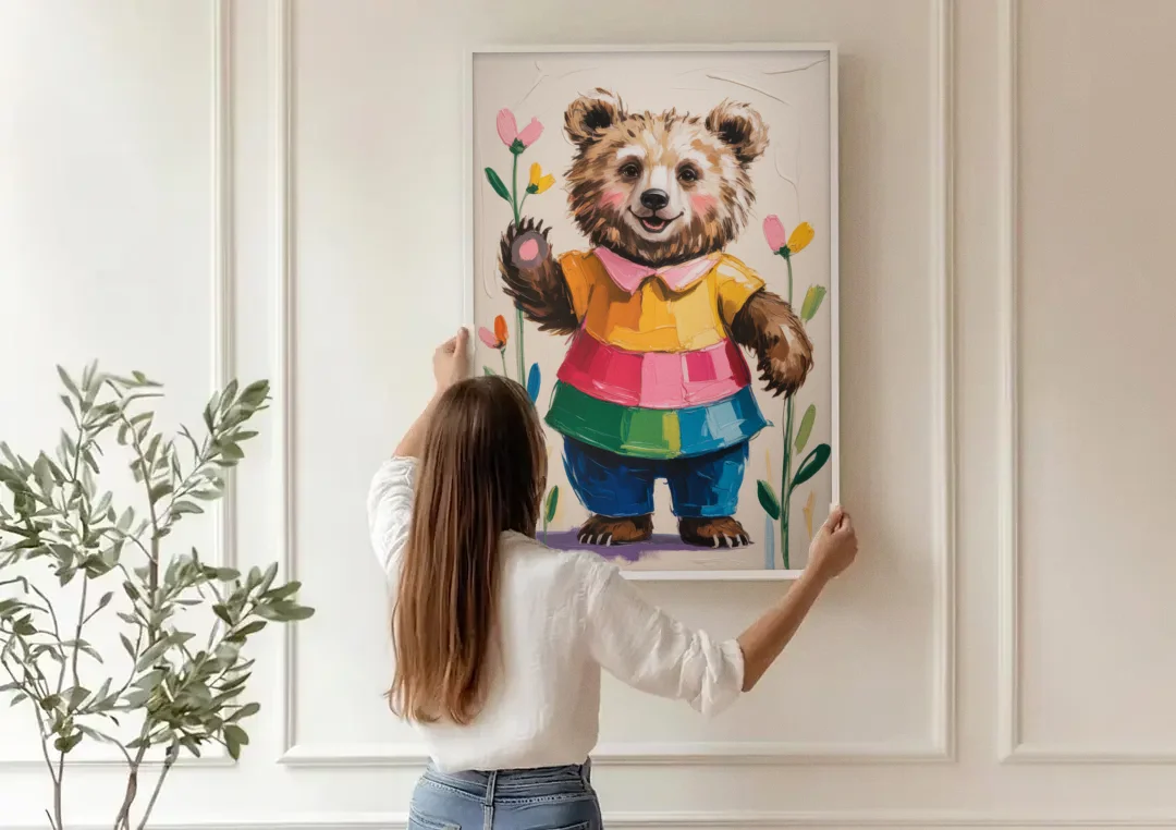 Cuddly Bear Nursery Rhyme canvas wall art being hung on a paneled wall
