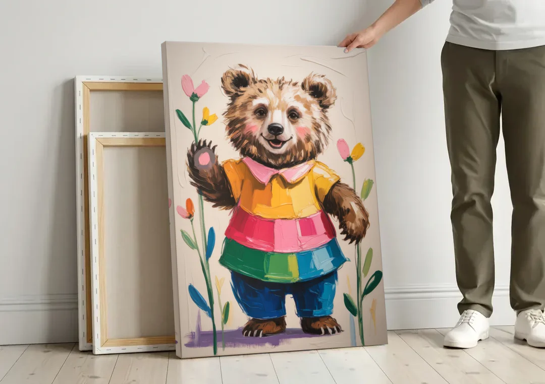 Cuddly Bear Nursery Rhyme canvas wall art leaning against a wall next to blank canvases