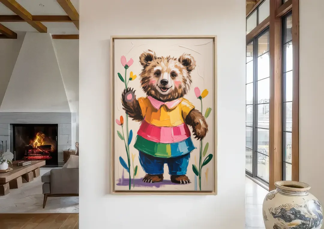Cuddly Bear Nursery Rhyme canvas wall art in a living room with a fireplace