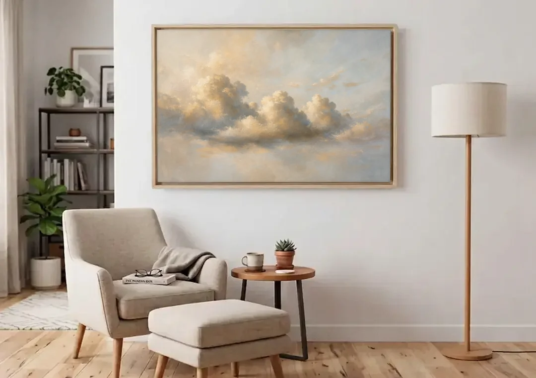 Cumulus Cloud Painting in Warm Sepia Light canvas wall art above an armchair in a bright living room