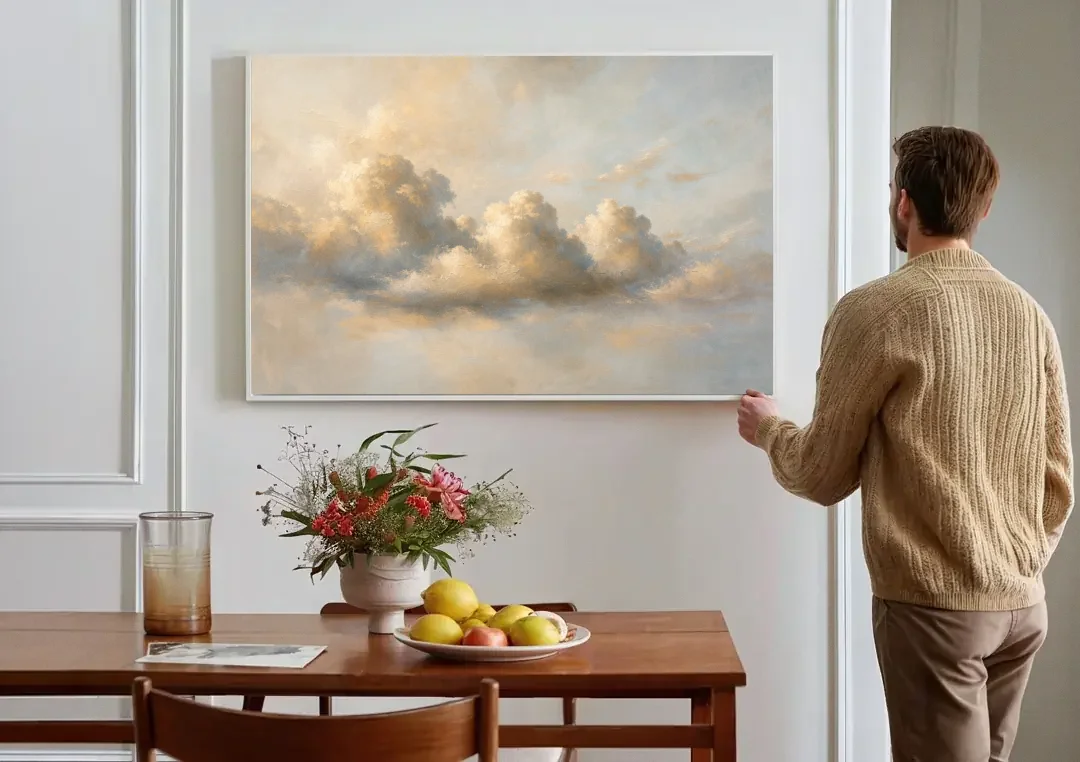 Cumulus Cloud Painting in Warm Sepia Light canvas wall art above a dining table