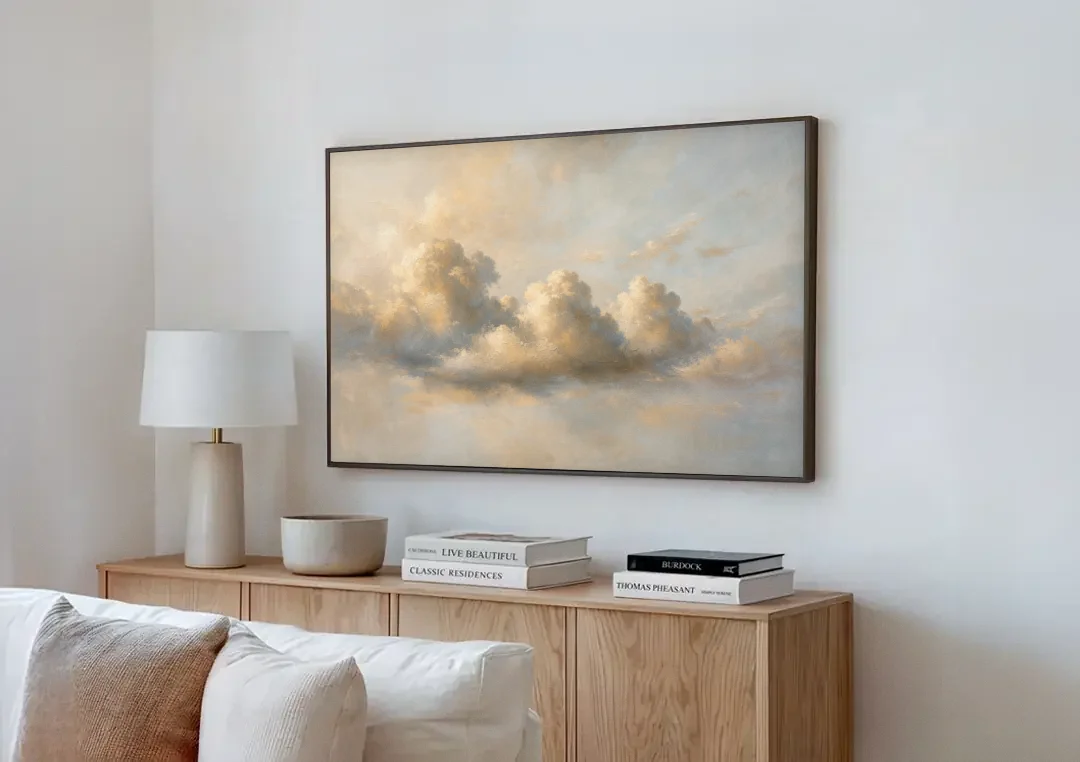 Cumulus Cloud Painting in Warm Sepia Light canvas wall art above a wooden sideboard next to a sofa