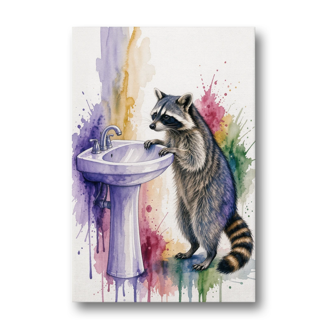 Curious Raccoon at the Pedestal Sink - Canvas Wall Art - Front
