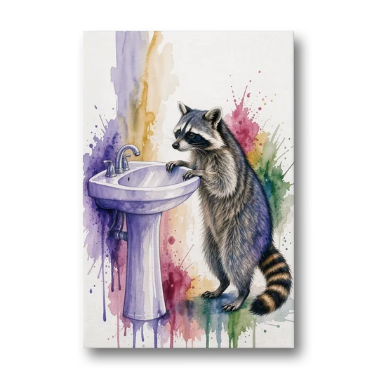 Curious Raccoon at the Pedestal Sink - Canvas Wall Art - Front