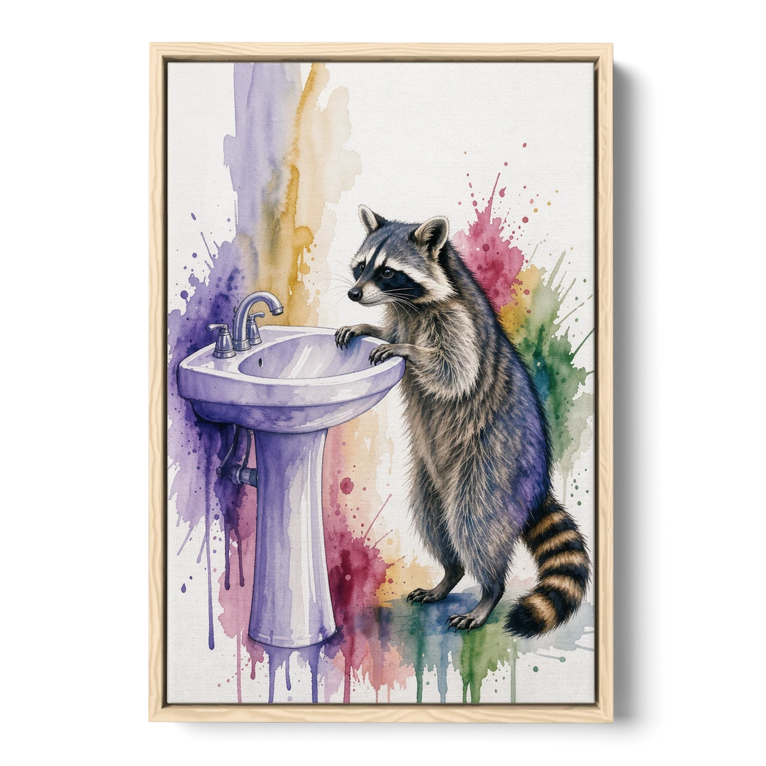 Curious Raccoon at the Pedestal Sink - Oak Framed Canvas Wall Art - Front