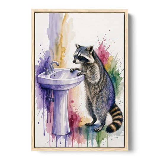 Curious Raccoon at the Pedestal Sink - Oak Framed Canvas Wall Art - Front