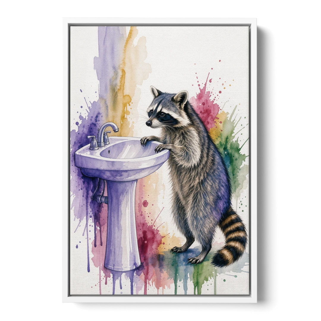 Curious Raccoon at the Pedestal Sink - White Framed Canvas Wall Art - Front