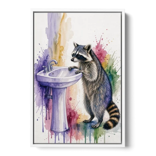 Curious Raccoon at the Pedestal Sink - White Framed Canvas Wall Art - Front