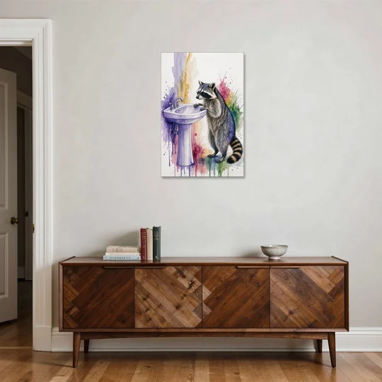 Curious Raccoon at the Pedestal Sink - Canvas Wall Art - Coffee Table - 24x36