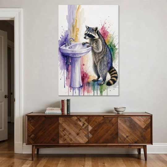 Curious Raccoon at the Pedestal Sink - Canvas Wall Art - Coffee Table - 40x60