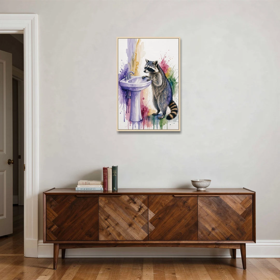 Curious Raccoon at the Pedestal Sink - Oak Framed Canvas Wall Art - Coffee Table - 24x36