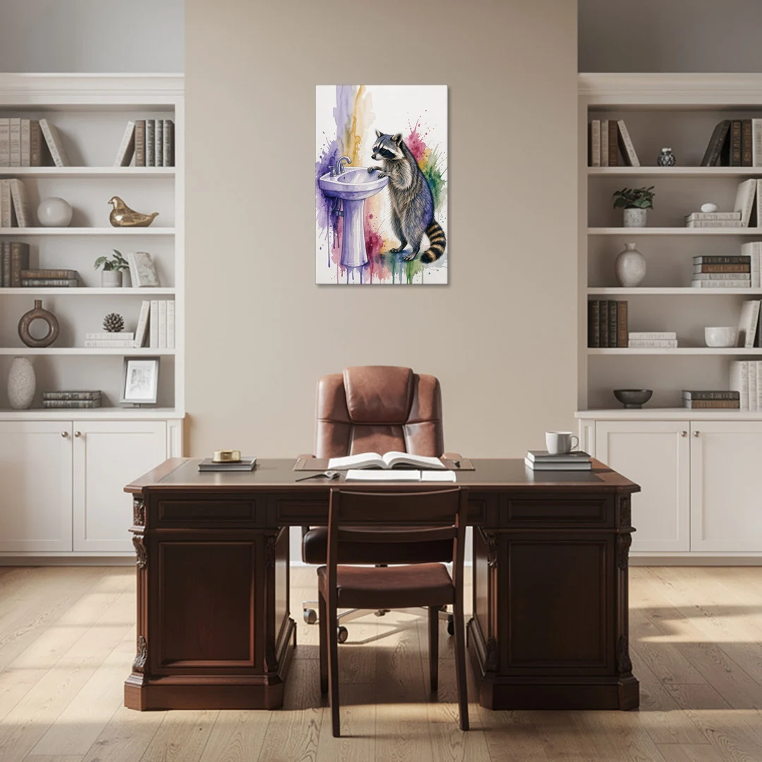 Curious Raccoon at the Pedestal Sink - Canvas Wall Art - Office - 24x36