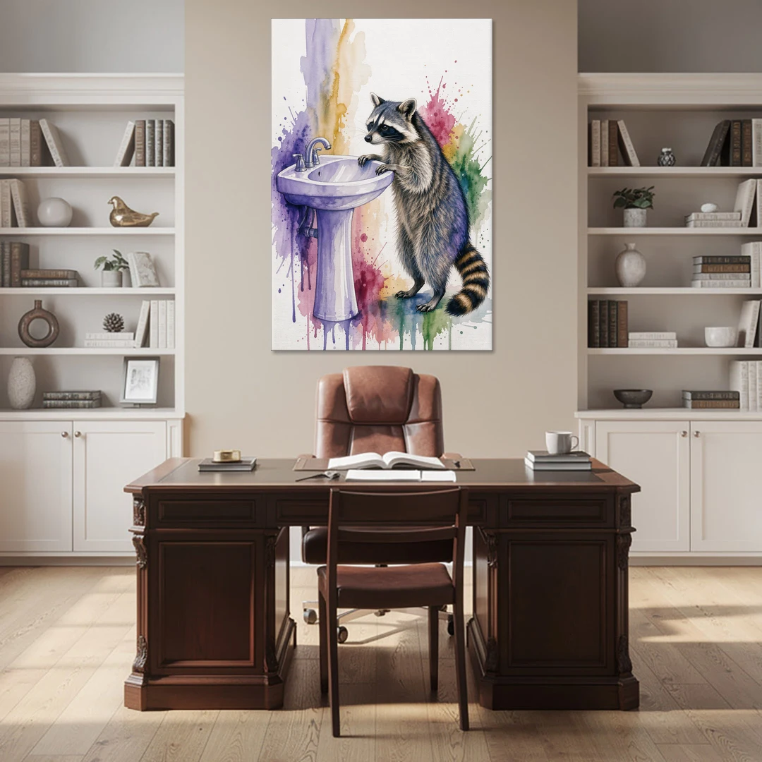 Curious Raccoon at the Pedestal Sink - Canvas Wall Art - Office - 40x60