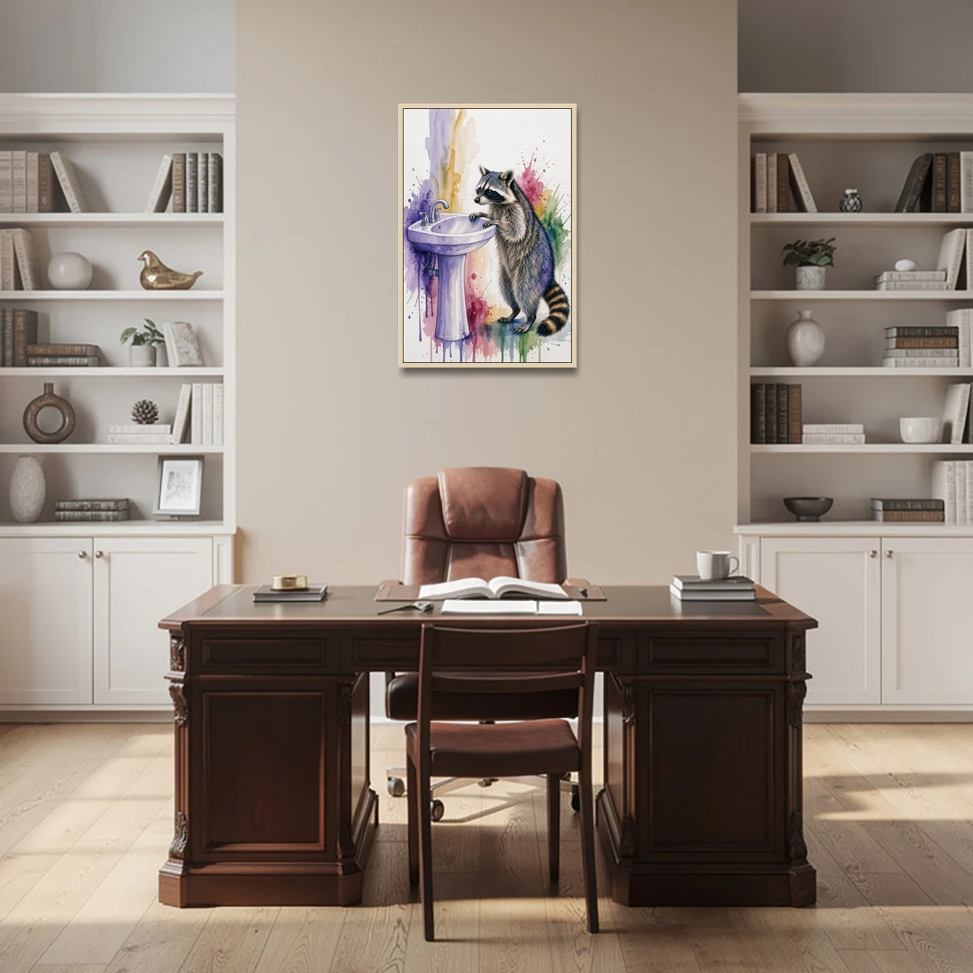 Curious Raccoon at the Pedestal Sink - Oak Framed Canvas Wall Art - Office - 24x36