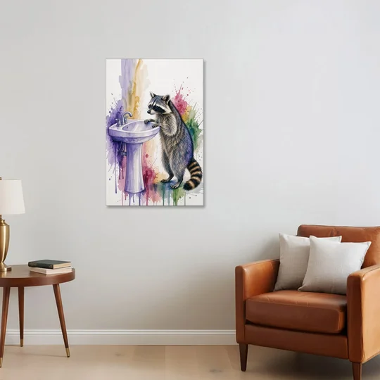 Curious Raccoon at the Pedestal Sink - Canvas Wall Art - Sofa - 24x36