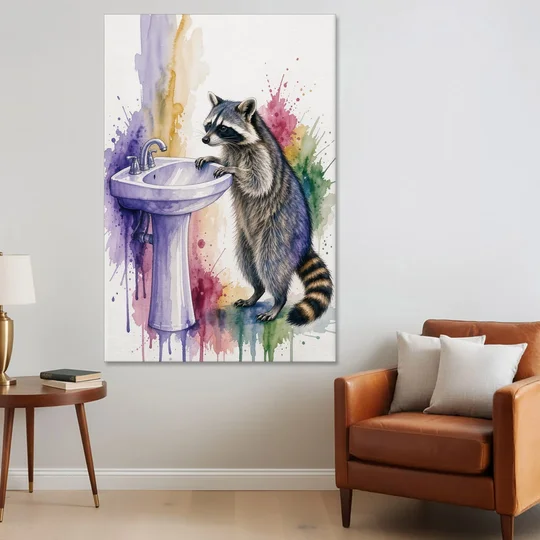 Curious Raccoon at the Pedestal Sink - Canvas Wall Art - Sofa - 40x60