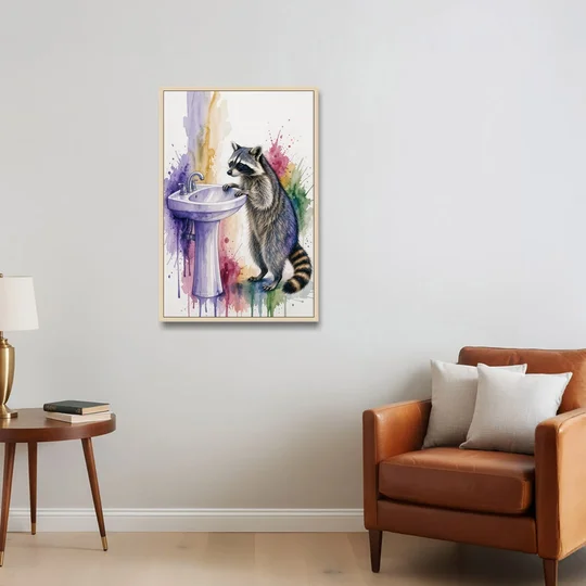 Curious Raccoon at the Pedestal Sink - Oak Framed Canvas Wall Art - Sofa - 24x36