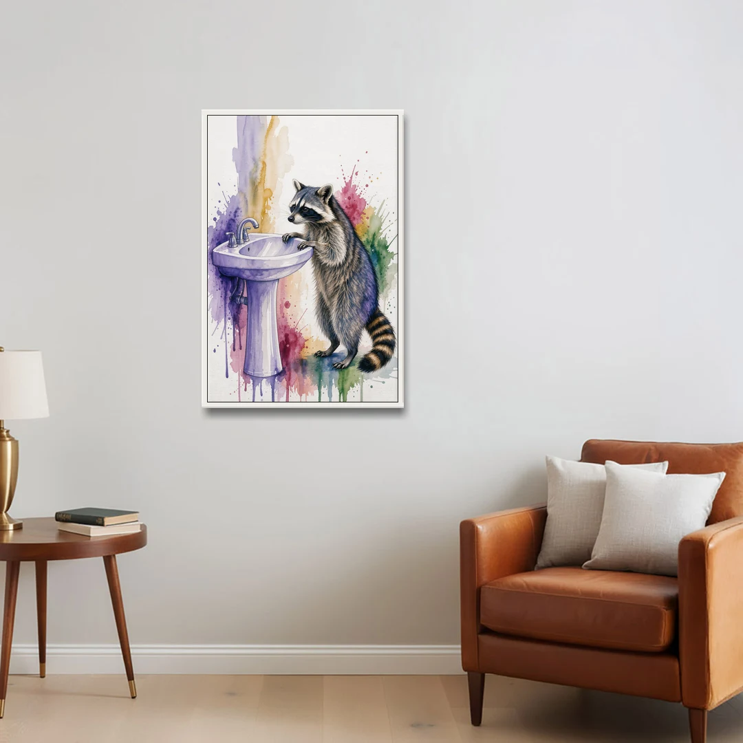 Curious Raccoon at the Pedestal Sink - White Framed Canvas Wall Art - Sofa - 24x36
