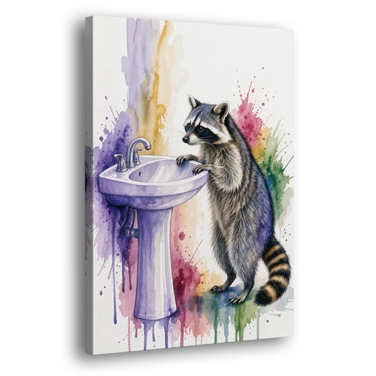 Curious Raccoon at the Pedestal Sink - Canvas Wall Art - Side
