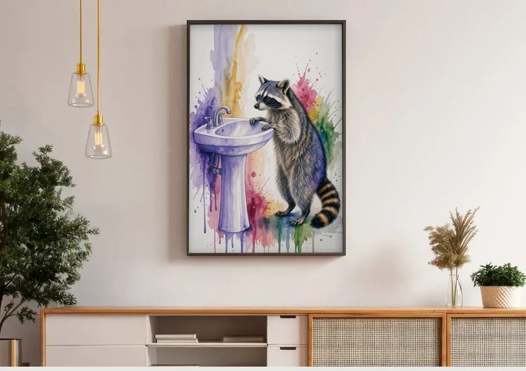 Curious Raccoon at the Pedestal Sink canvas wall art above a wooden sideboard under pendant lights