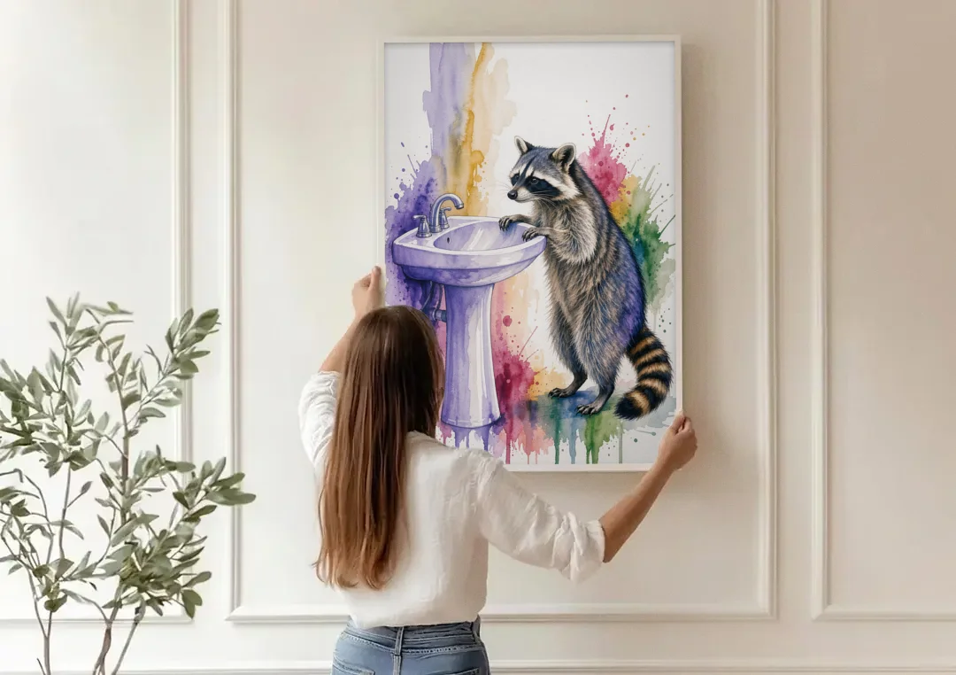 Curious Raccoon at the Pedestal Sink canvas wall art being hung on a paneled wall