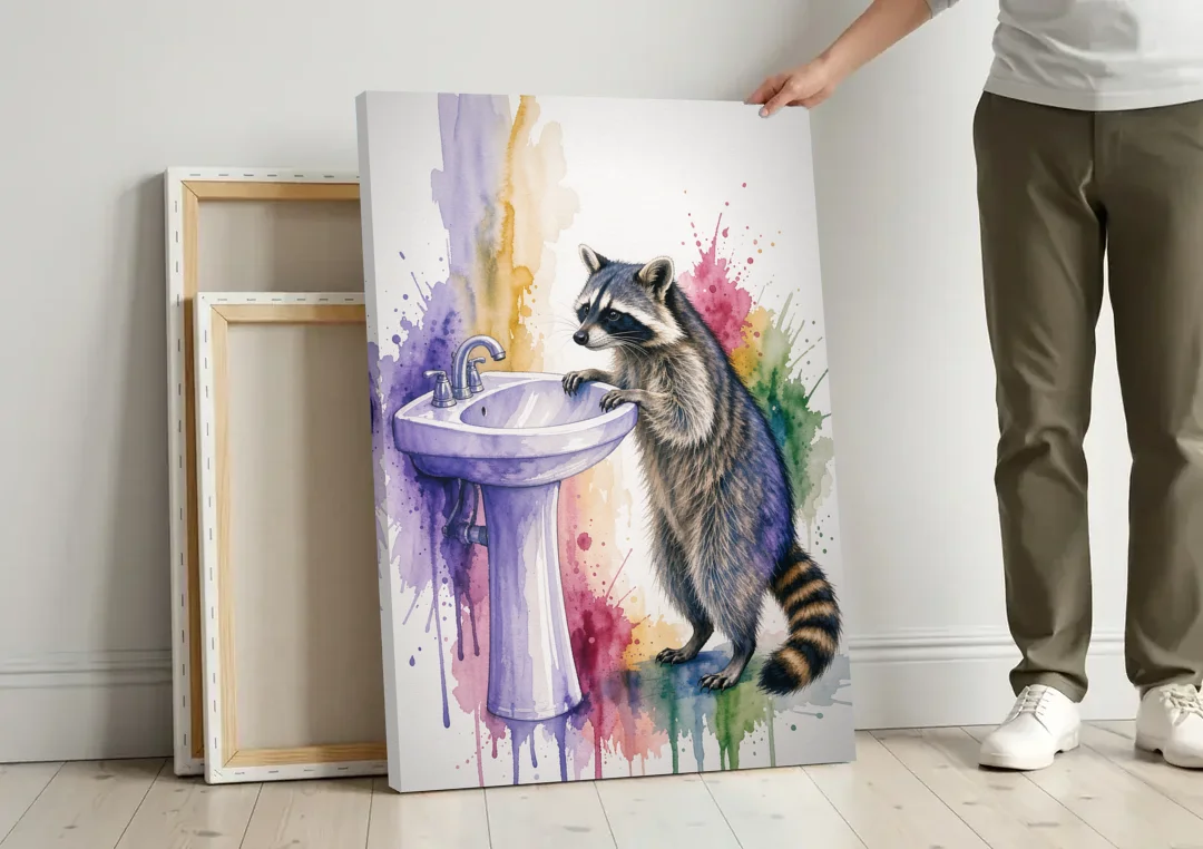 Curious Raccoon at the Pedestal Sink canvas wall art leaning against a wall next to blank canvases