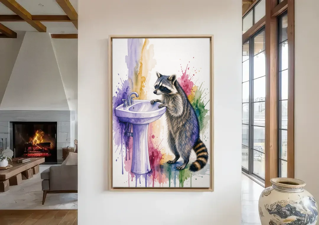 Curious Raccoon at the Pedestal Sink canvas wall art in a living room with a fireplace