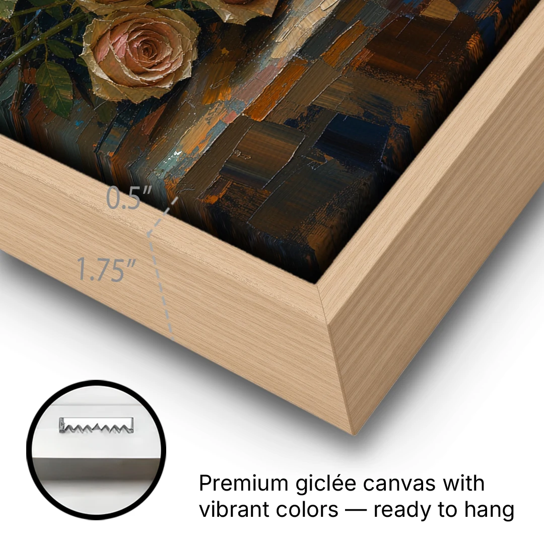 Cut Roses and Ranunculus on a Dark Ledge - Oak Framed Canvas Wall Art - Gallery Wrap Corner