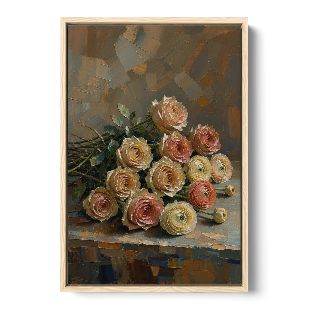 Cut Roses and Ranunculus on a Dark Ledge - Oak Framed Canvas Wall Art - Front