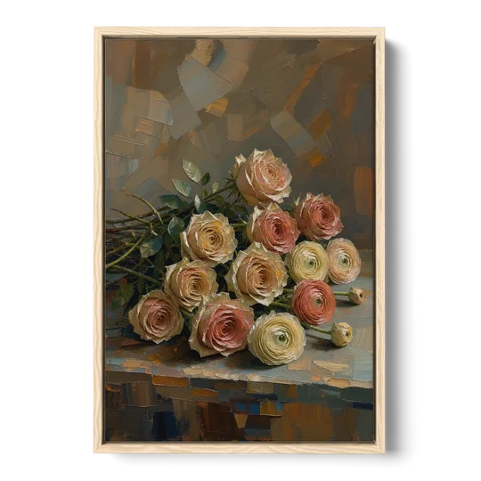 Cut Roses and Ranunculus on a Dark Ledge - Oak Framed Canvas Wall Art - Front