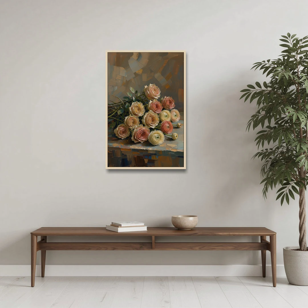 Cut Roses and Ranunculus on a Dark Ledge - Oak Framed Canvas Wall Art - Coffee Table - 24x36