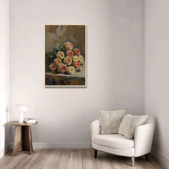Cut Roses and Ranunculus on a Dark Ledge - Oak Framed Canvas Wall Art - Sofa - 24x36