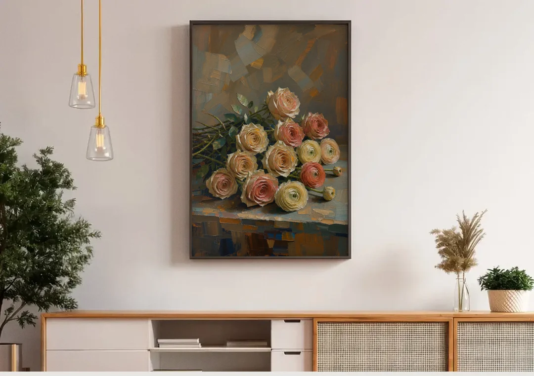 Cut Roses and Ranunculus on a Dark Ledge canvas wall art above a wooden sideboard under pendant lights