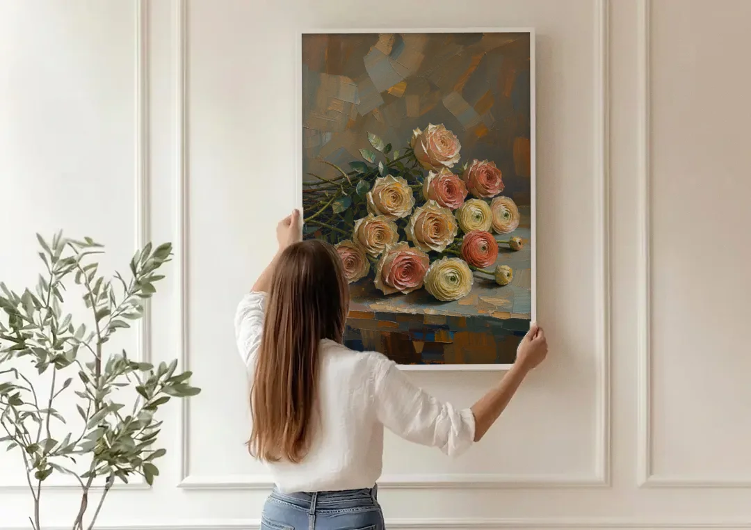 Cut Roses and Ranunculus on a Dark Ledge canvas wall art being hung on a paneled wall