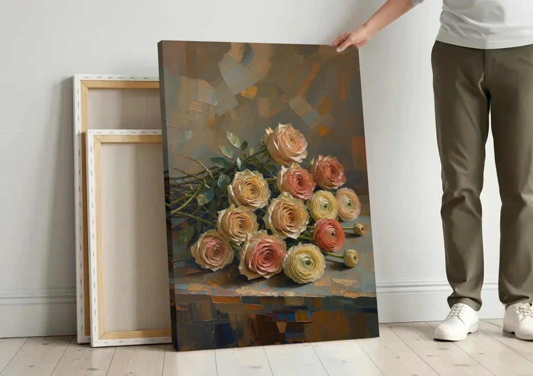 Cut Roses and Ranunculus on a Dark Ledge canvas wall art leaning against a wall next to blank canvases