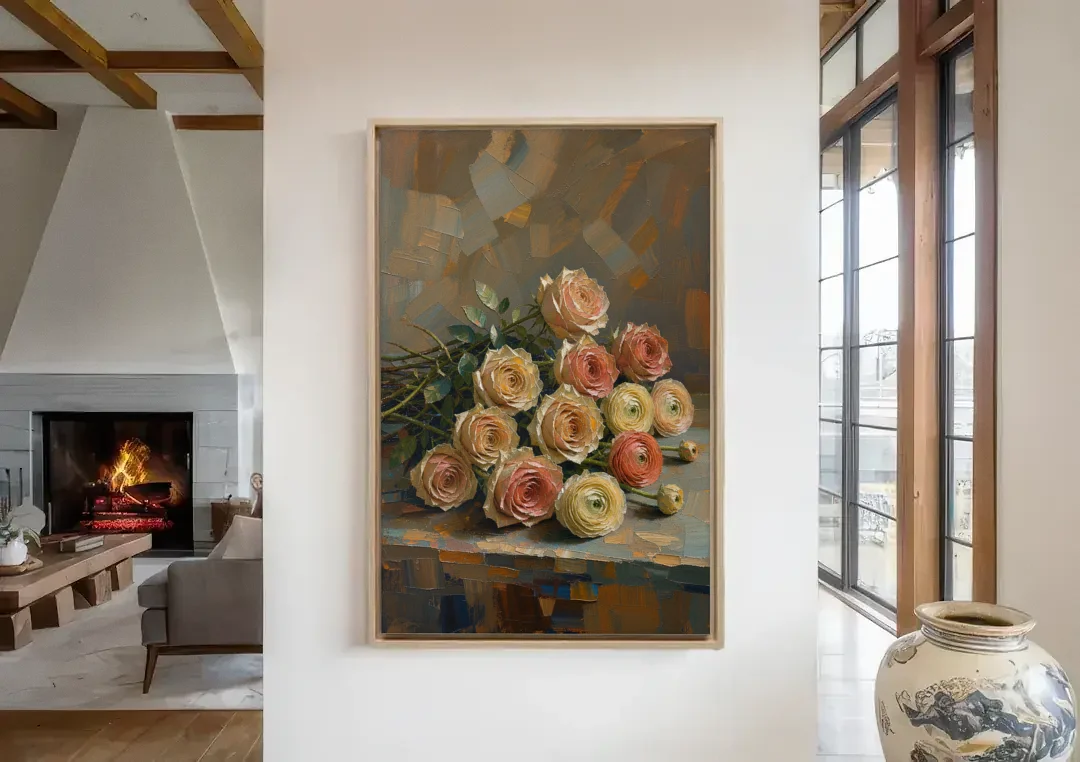 Cut Roses and Ranunculus on a Dark Ledge canvas wall art in a living room with a fireplace