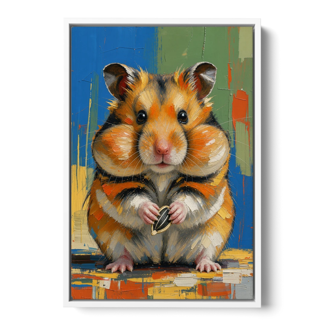 Cute Animal Wall Art of a Stuffed Cheek Hamster - White Framed Canvas Wall Art - Front